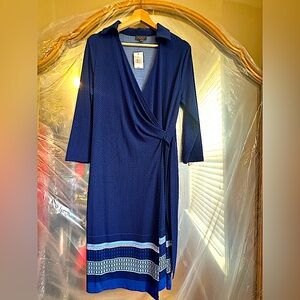 Blue Geometric Jersey Knit Wrap Dress Womens Size Medium